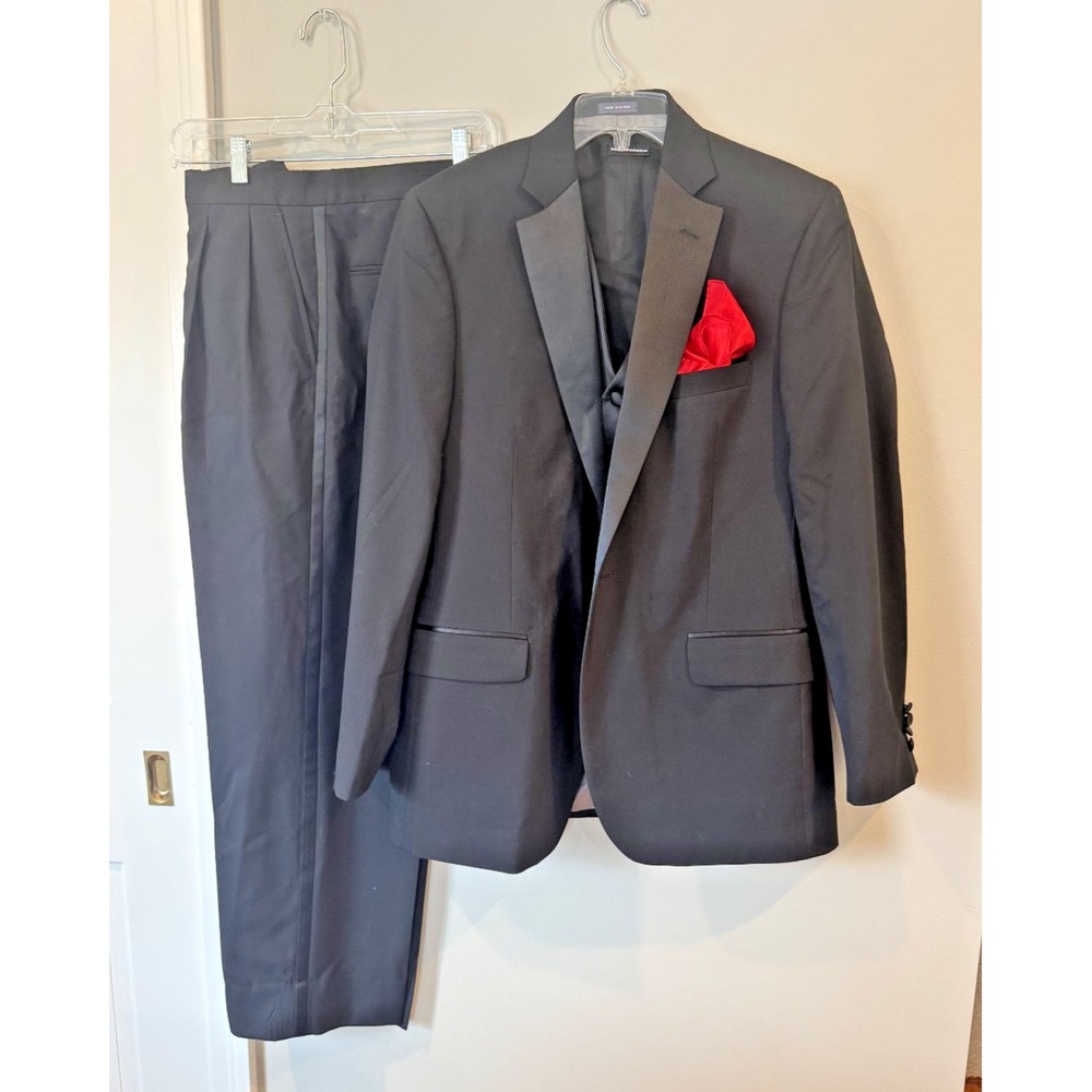 STAFFORD Mens Black TUXEDO FORMAL Pleated 3 Pc TUX Suit 40R Jacket 32x28.5 Pant
